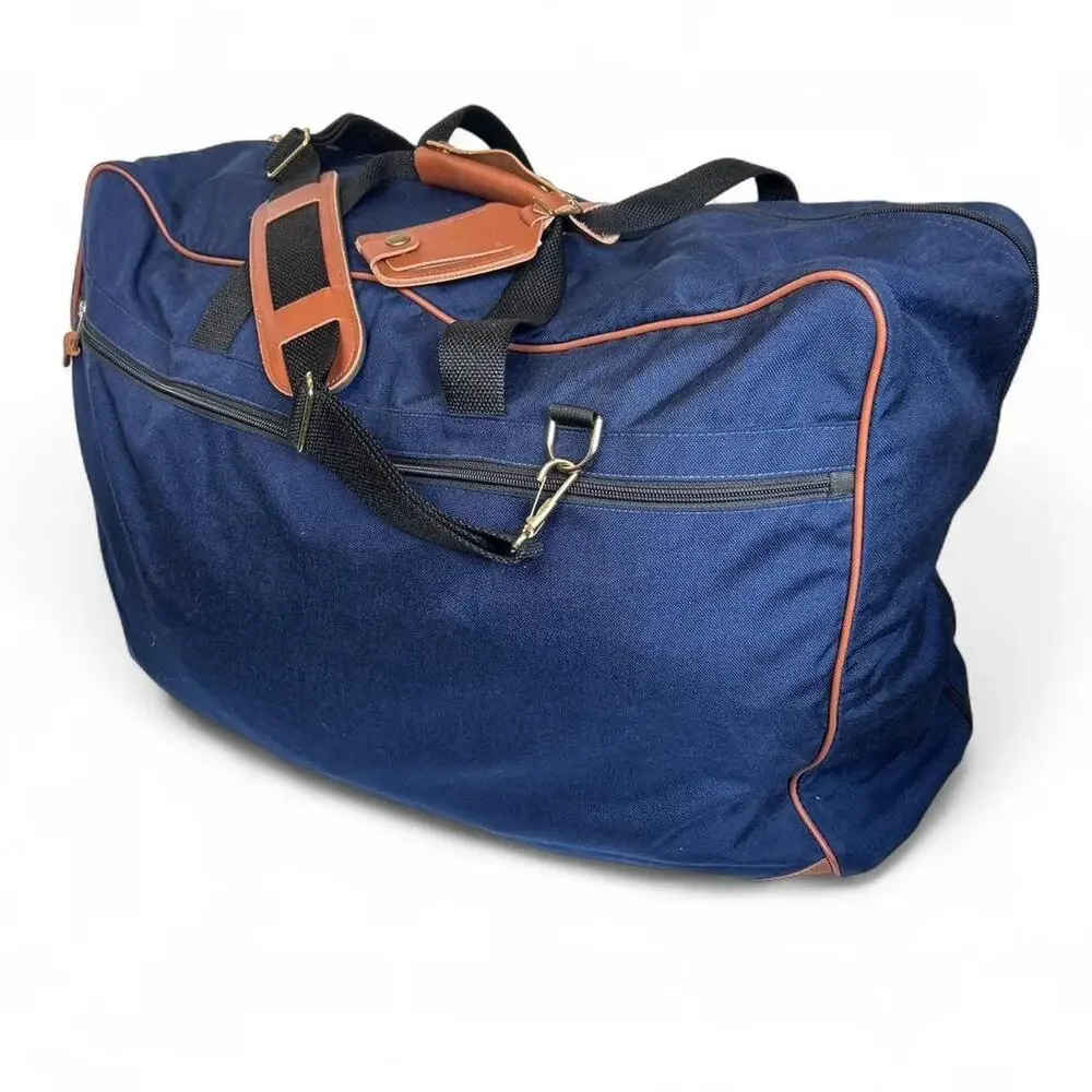 L.L. Bean 90s Vintage Duffle Travel Bag Shoft Shell Suitcase Blue Nylon Leather